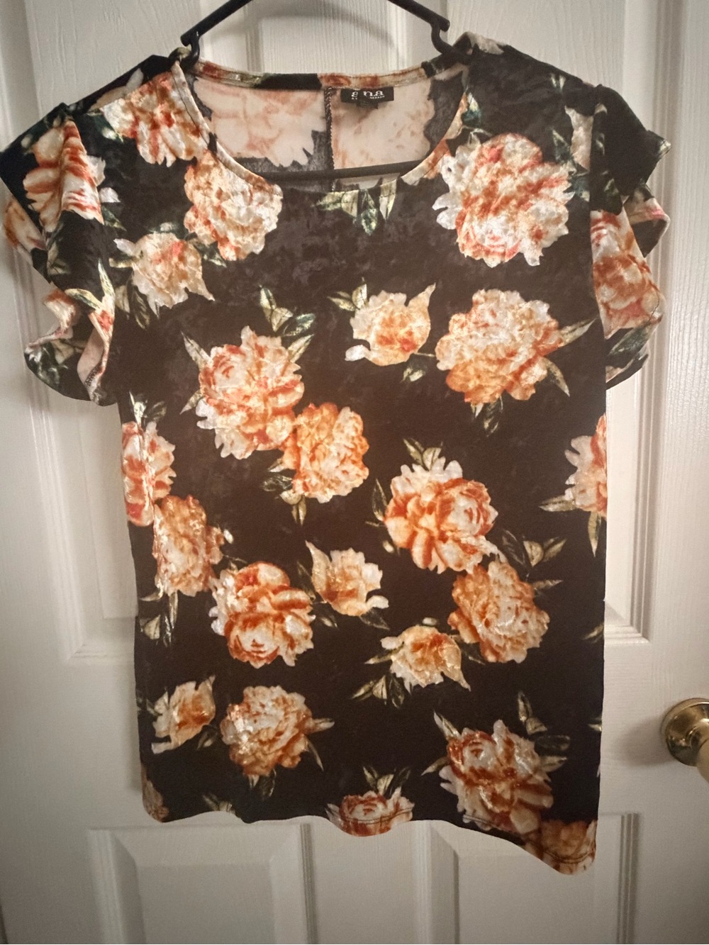 a.n.a Black Velvet Floral Cap-Sleeve Top with Peach Blooms